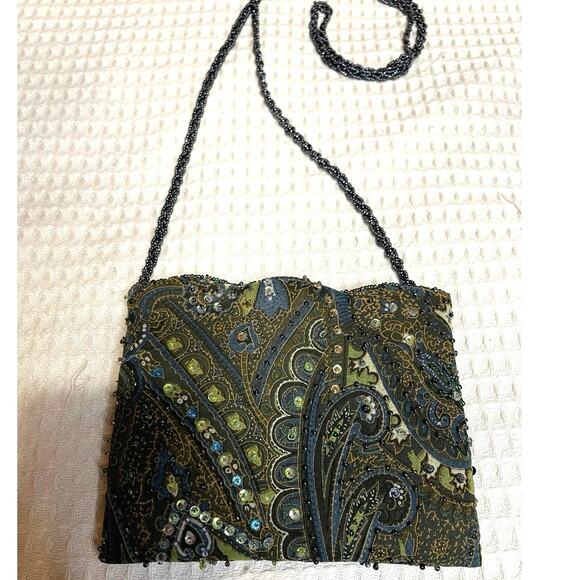 VTG Georgiou Studio Silk Beaded Mini Green & Blue Purse W/ Long Beaded Strap - Picture 2 of 12
